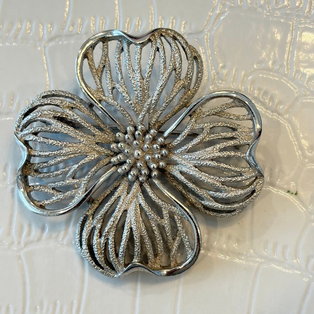 Crown Trifari Alfred Philippe Vintage Silver Flower with Pearls Brooch